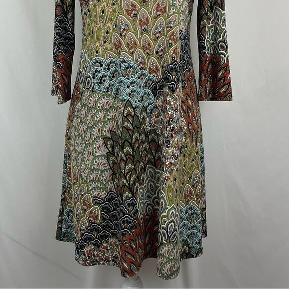 MSK Brown Orange Tan Peacock Print Boho Hippie Festival Dress NWOT Size M - Picture 4 of 13